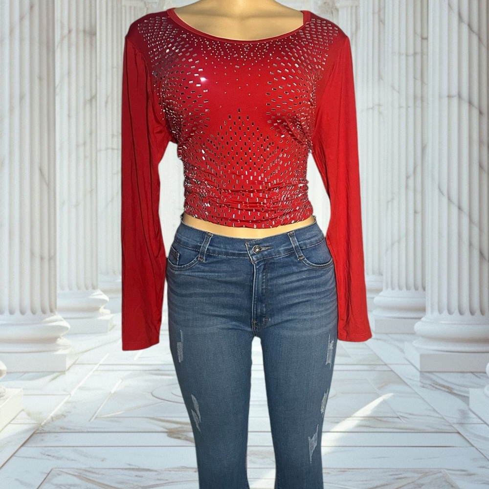 “Blue in Red: Shimmering Statement Top with Classic Denim” (Only The Jeans)